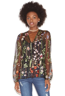 Sheer Floral Embroidered Top in Black Multi - Get great deals at