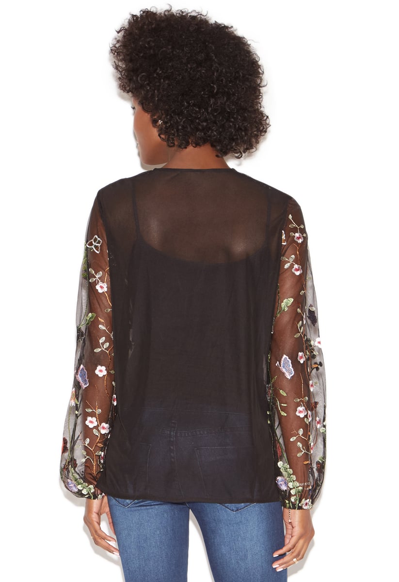 Sheer Floral Embroidered Top in Black Multi - Get great deals at