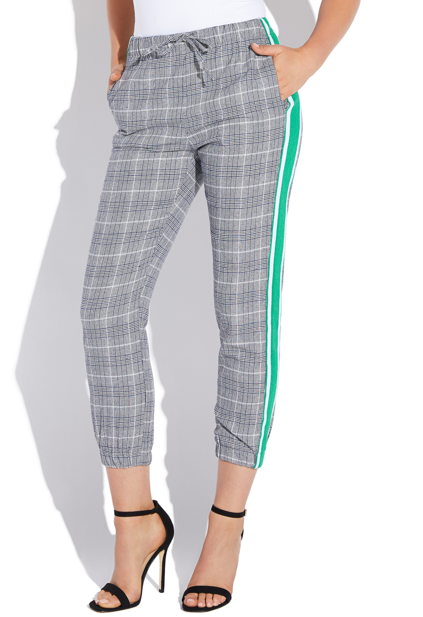 Plaid pants with side on sale stripe