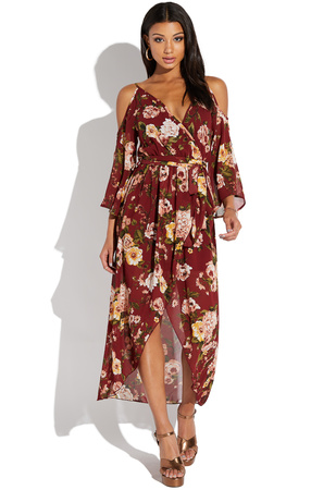 Cold Shoulder Floral Wrap Dress in Burgundy Multi - Get great deals at ...