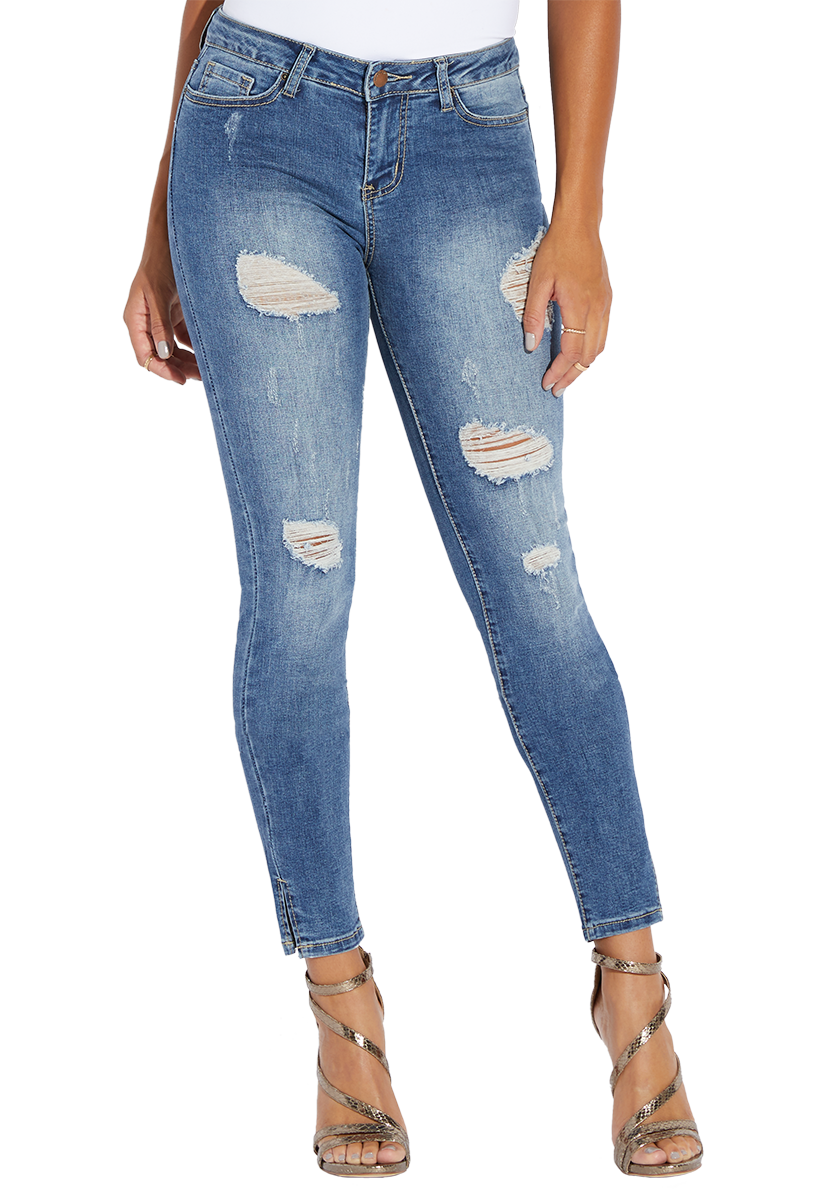 Mid Rise Distressed Jeans With Side Slit