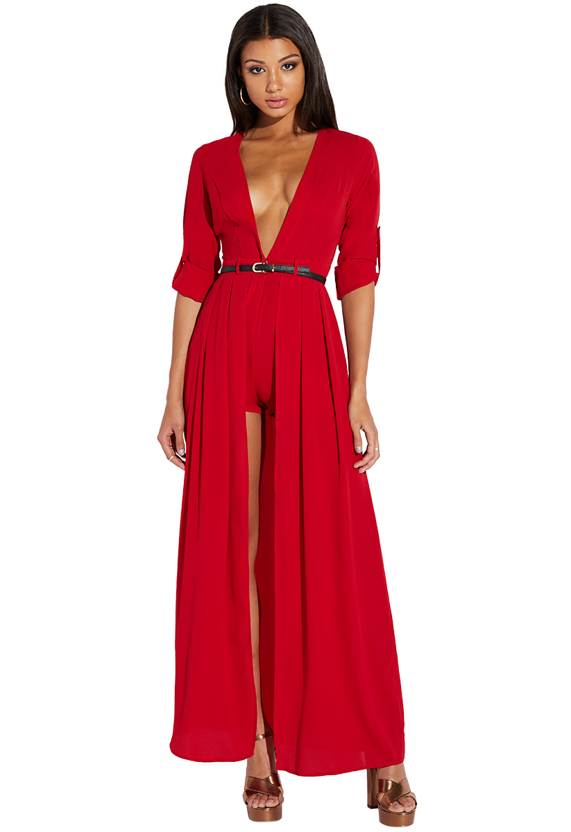 Belted Deep V Maxi Romper in Red - Get great deals at ShoeDazzle