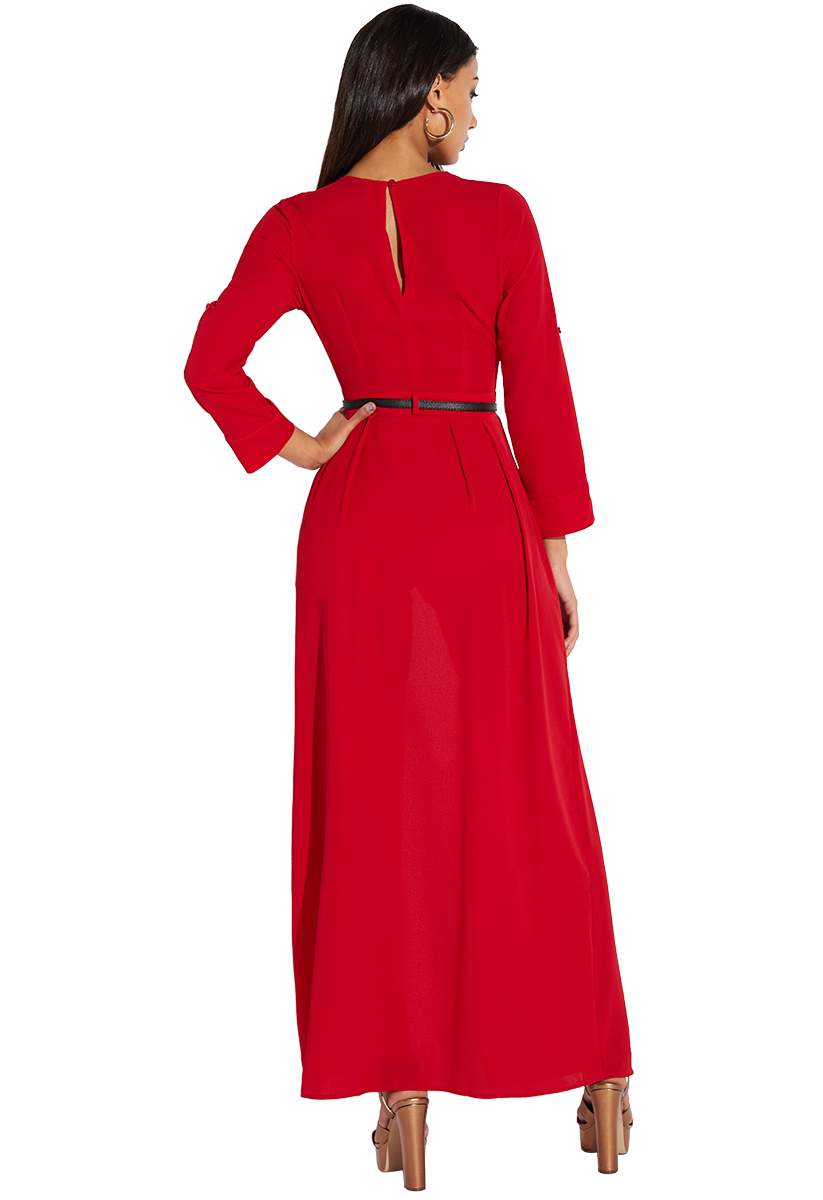 Belted Deep V Maxi Romper in Red - Get great deals at ShoeDazzle