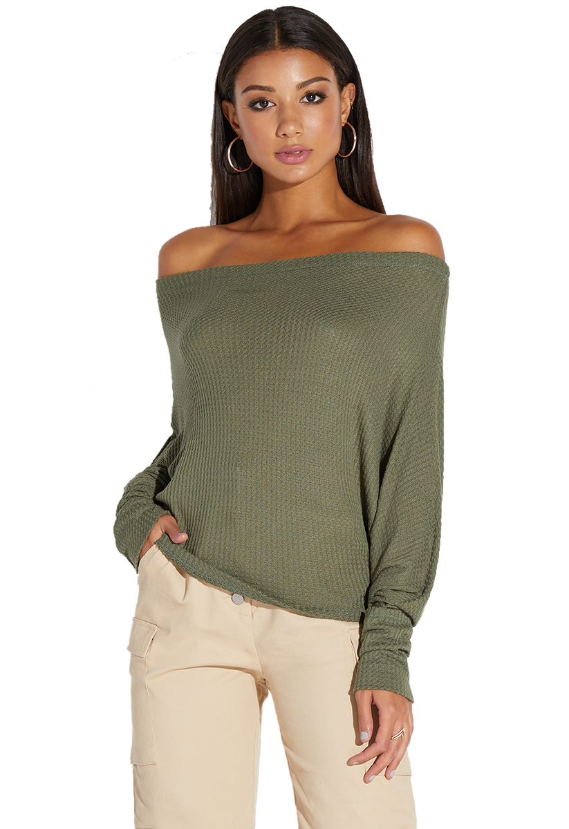 Off Shoulder Sweater in Olive - Get great deals at ShoeDazzle