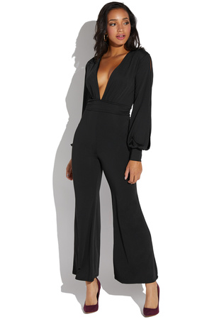 V-Neck Lux Split Sleeve Jumpsuit in Black - Get great deals at ShoeDazzle