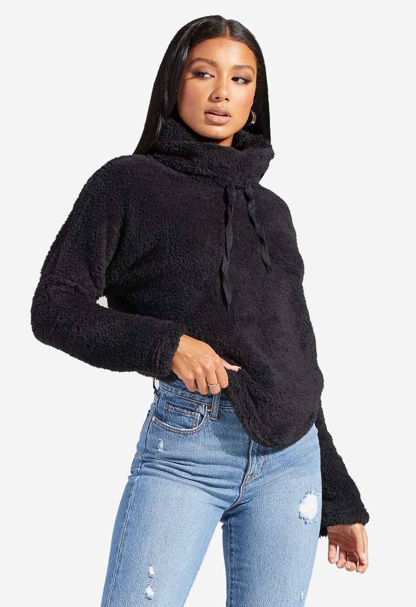 Cowl Neck Sherpa Pullover in Black Get great deals at ShoeDazzle