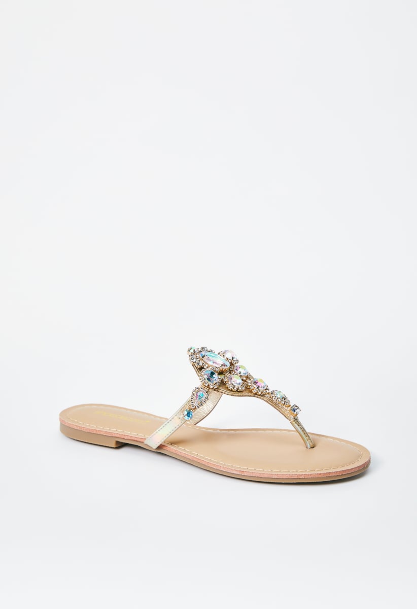 Delisa Embellished Thong Sandal in Beige Get great deals at