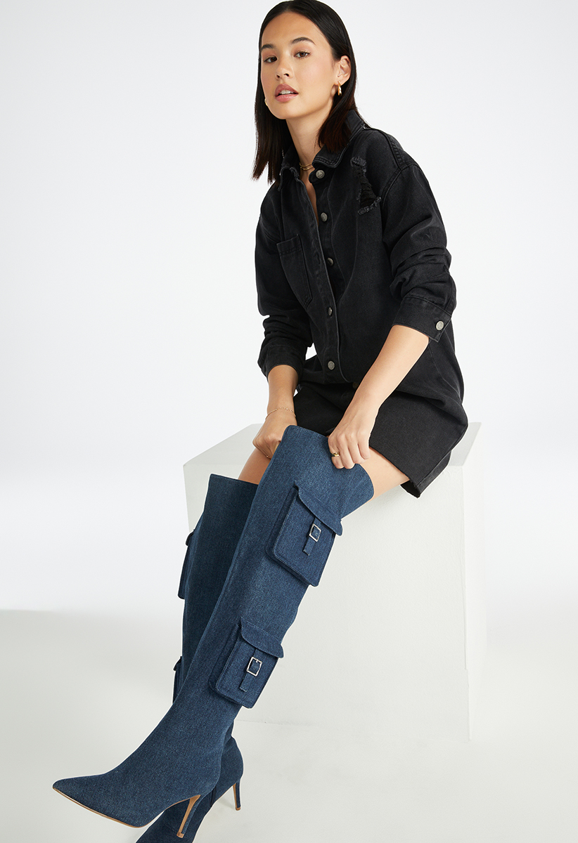 Shoedazzle denim boots on sale