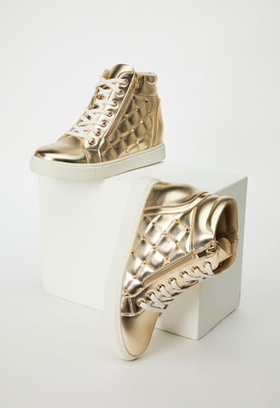 Buy Gold Embroidered Theia Wedge Sneakers by Anaar Online at Aza Fashions.