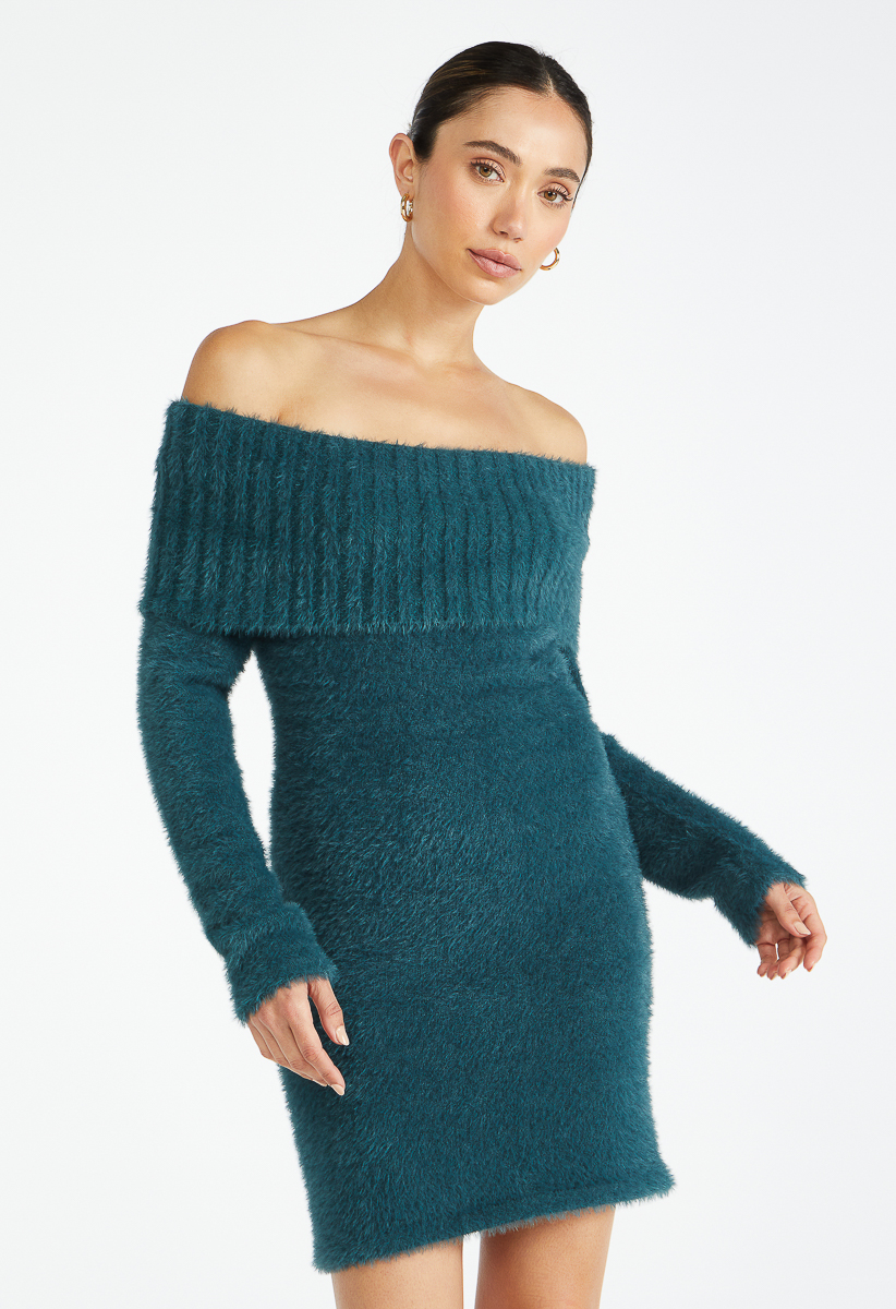 Fuzzy off the shoulder hotsell sweater dress