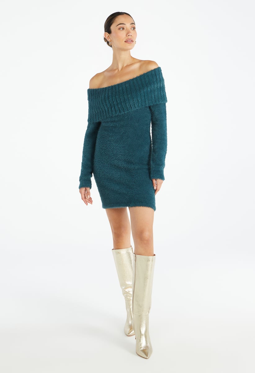 Fuzzy off the shoulder sweater clearance dress