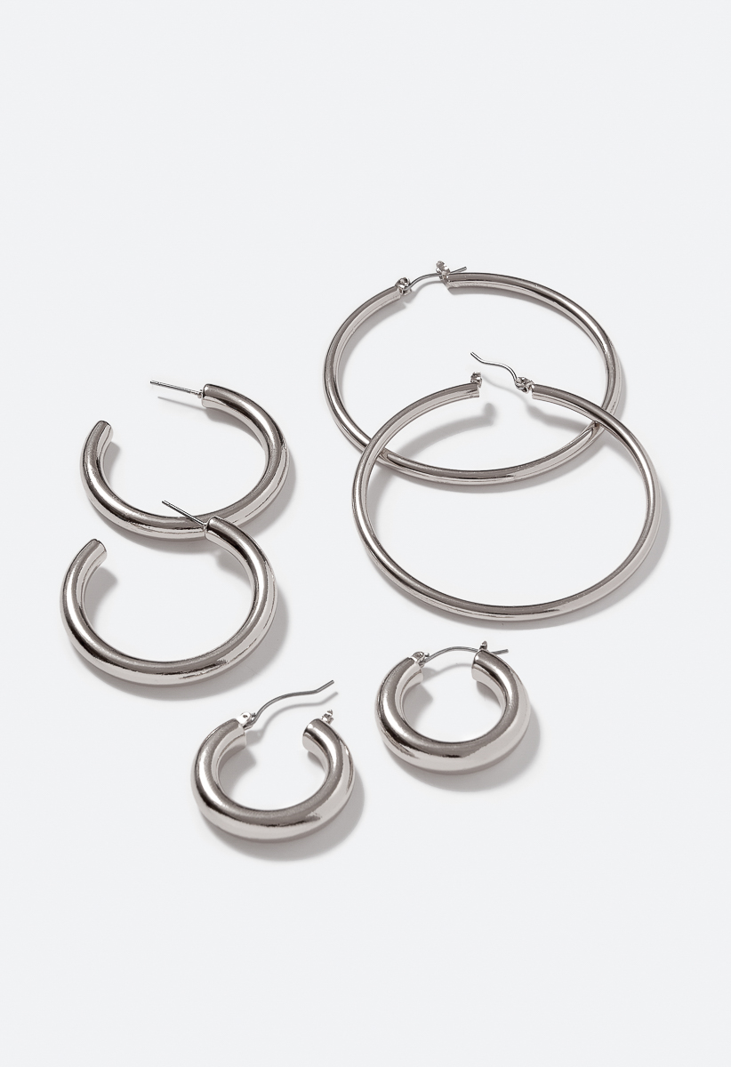 3-Pair Pack Zara Smooth Hoop Earrings in Silver - Get great deals 