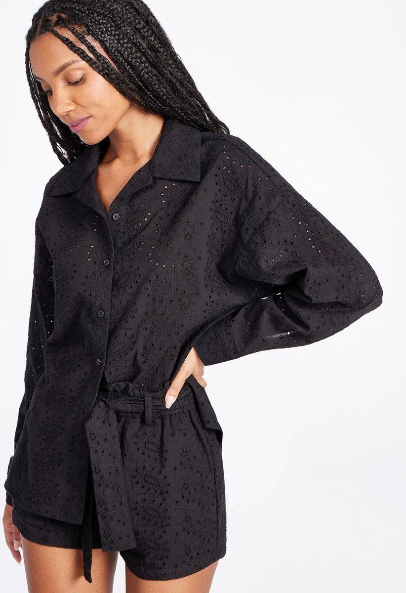 Eyelet Button Down Shirt in Black Caviar - Get great deals