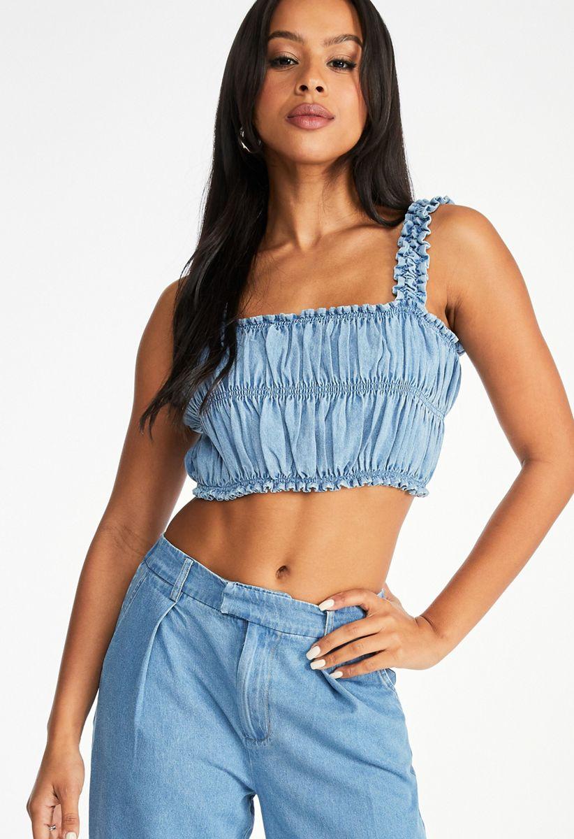 Smocked Denim Crop Tank in Riptide - Get great deals at