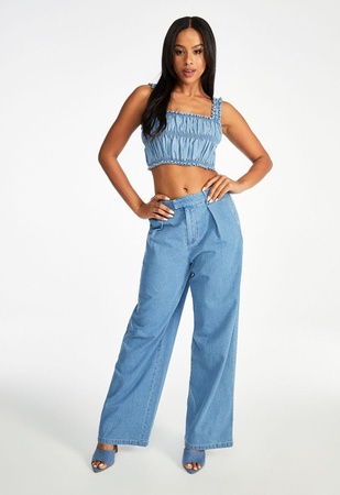 売れ筋商品|||ポエティックジャスティス カットソー トップス レディース Plus Size Fishtail Tencel Denim High-Low Wrap Shirt Indigo Poetic Justice Curvy Women's Tencel Denim High-Low Wrap