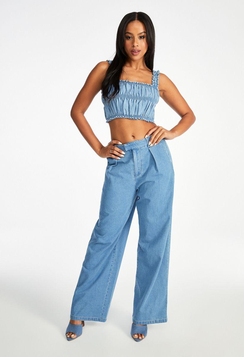 Smocked Denim Crop Tank in Riptide - Get great deals at