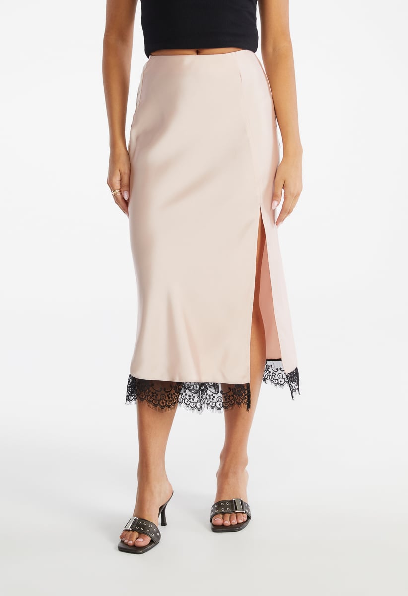 Satin Lace Midi Skirt in Rose Smoke - Get great deals at