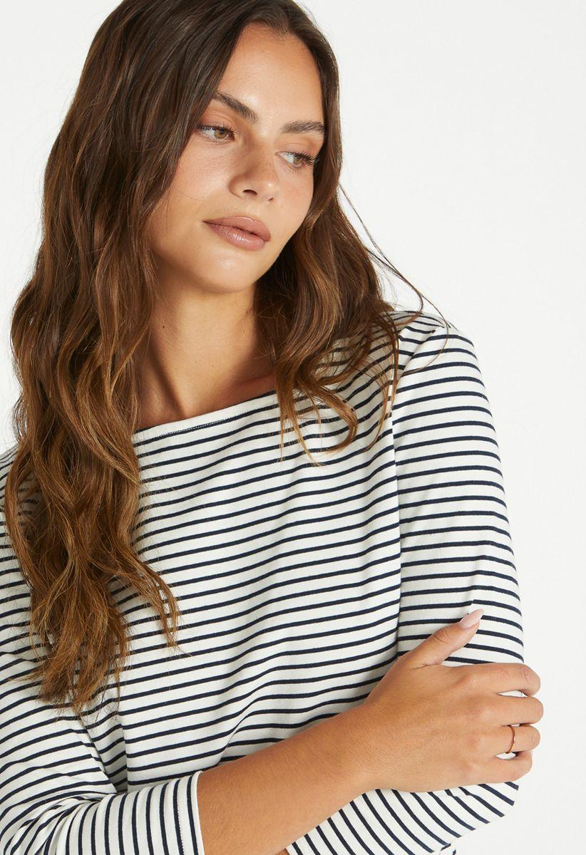 Slim Long Sleeve Boat Neck Tee in White/ Navy Stripe - Get