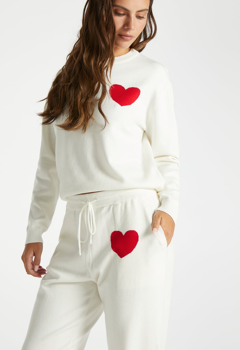 Heart Sweater Joggers in Cloud Dancer/ Salsa Red - Get great