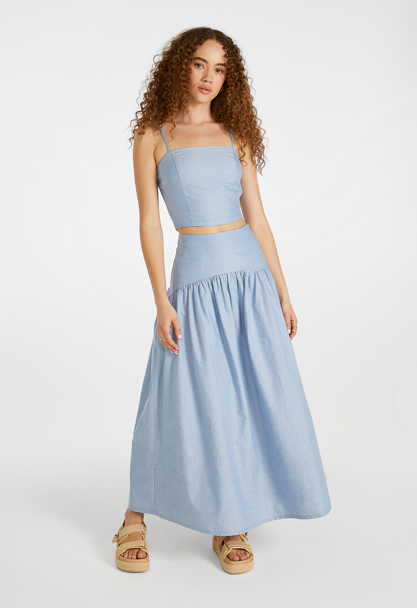 Poplin Full A-Line Midi Skirt in Oxford Blue - Get great