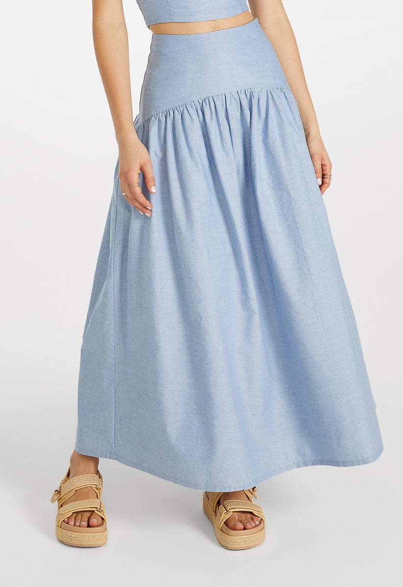 Poplin Full A-Line Midi Skirt in Oxford Blue - Get great